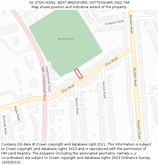 32, ETON ROAD, WEST BRIDGFORD, NOTTINGHAM, NG2 7AR: Location map and indicative extent of plot