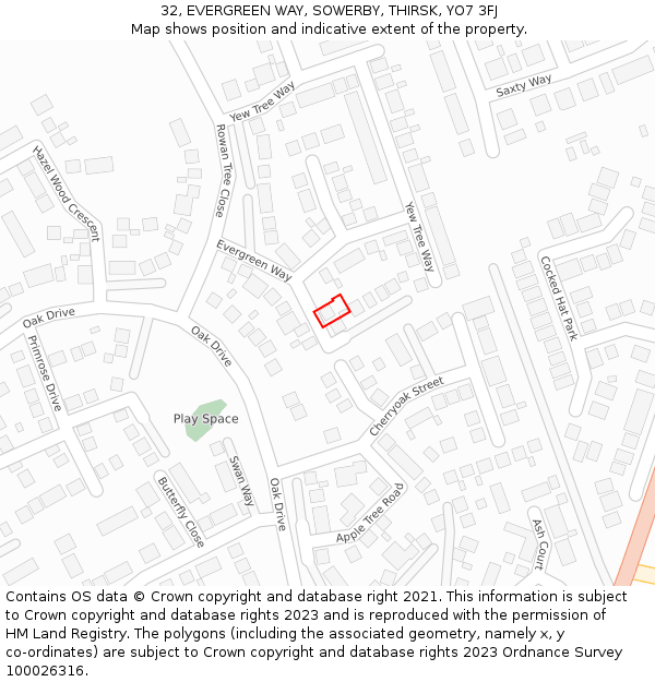 32, EVERGREEN WAY, SOWERBY, THIRSK, YO7 3FJ: Location map and indicative extent of plot