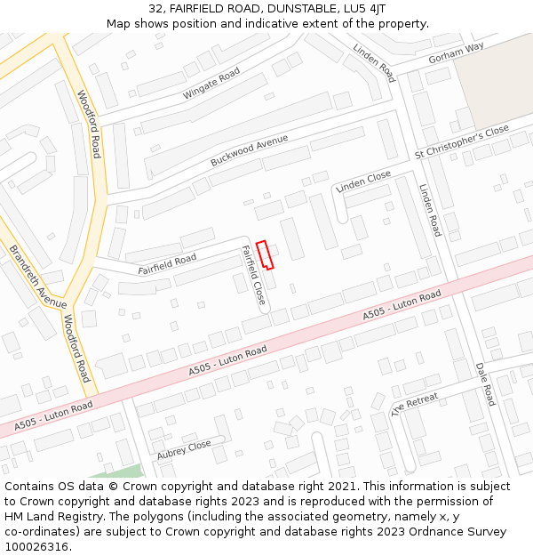 32, FAIRFIELD ROAD, DUNSTABLE, LU5 4JT: Location map and indicative extent of plot