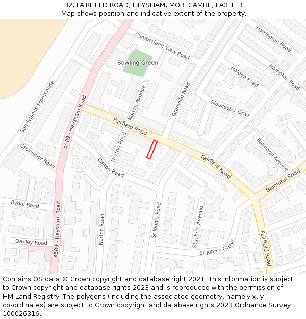 32, FAIRFIELD ROAD, HEYSHAM, MORECAMBE, LA3 1ER: Location map and indicative extent of plot