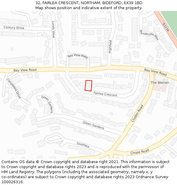 32, FAIRLEA CRESCENT, NORTHAM, BIDEFORD, EX39 1BD: Location map and indicative extent of plot