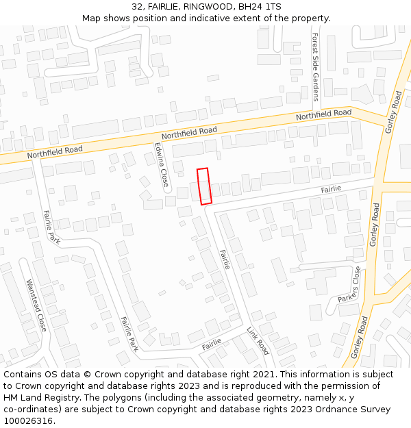 32, FAIRLIE, RINGWOOD, BH24 1TS: Location map and indicative extent of plot