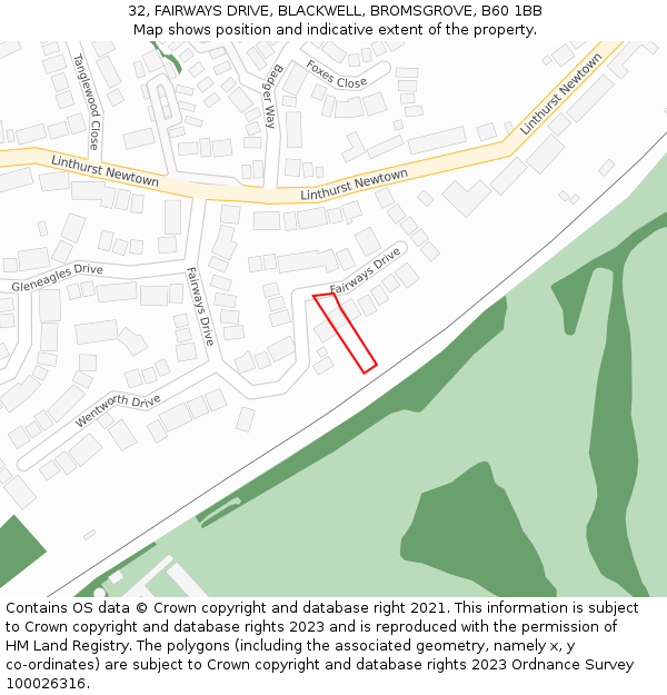 32, FAIRWAYS DRIVE, BLACKWELL, BROMSGROVE, B60 1BB: Location map and indicative extent of plot