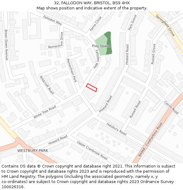 32, FALLODON WAY, BRISTOL, BS9 4HX: Location map and indicative extent of plot