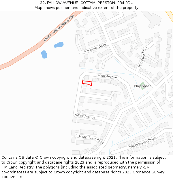 32, FALLOW AVENUE, COTTAM, PRESTON, PR4 0DU: Location map and indicative extent of plot