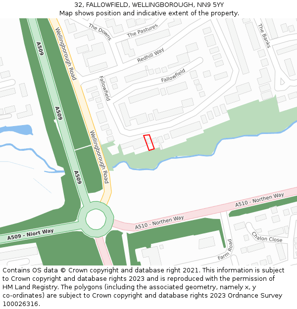 32, FALLOWFIELD, WELLINGBOROUGH, NN9 5YY: Location map and indicative extent of plot