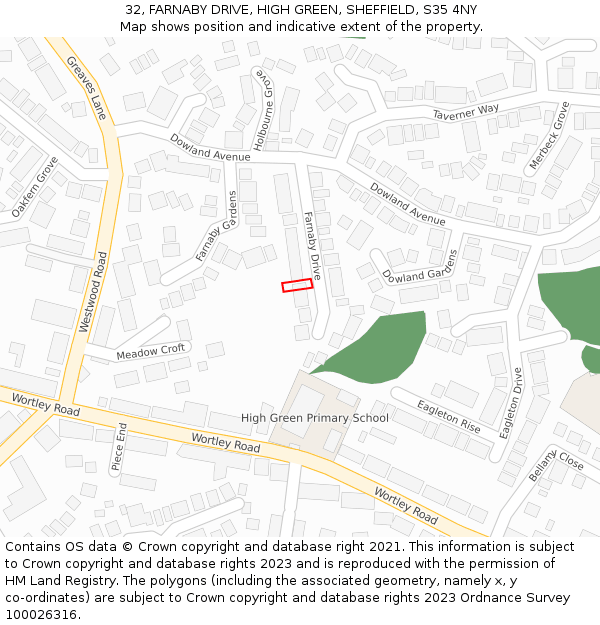 32, FARNABY DRIVE, HIGH GREEN, SHEFFIELD, S35 4NY: Location map and indicative extent of plot