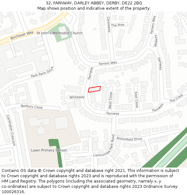 32, FARNWAY, DARLEY ABBEY, DERBY, DE22 2BQ: Location map and indicative extent of plot