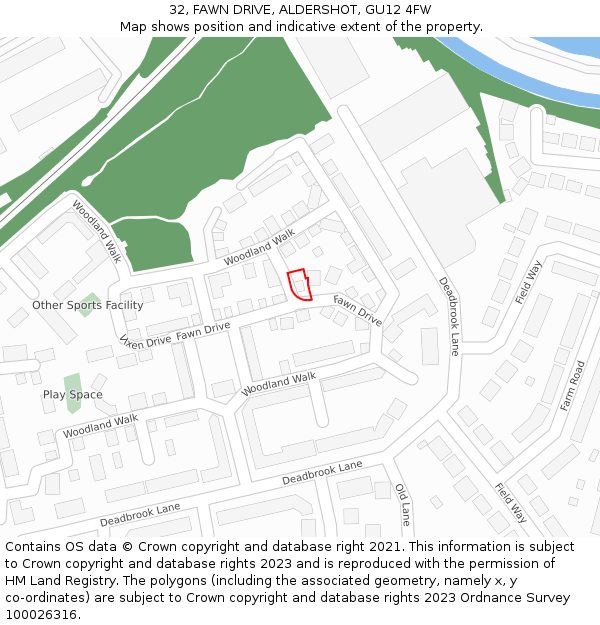 32, FAWN DRIVE, ALDERSHOT, GU12 4FW: Location map and indicative extent of plot