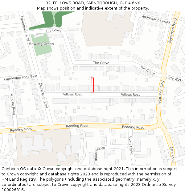 32, FELLOWS ROAD, FARNBOROUGH, GU14 6NX: Location map and indicative extent of plot