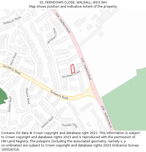 32, FERNDOWN CLOSE, WALSALL, WS3 3XH: Location map and indicative extent of plot