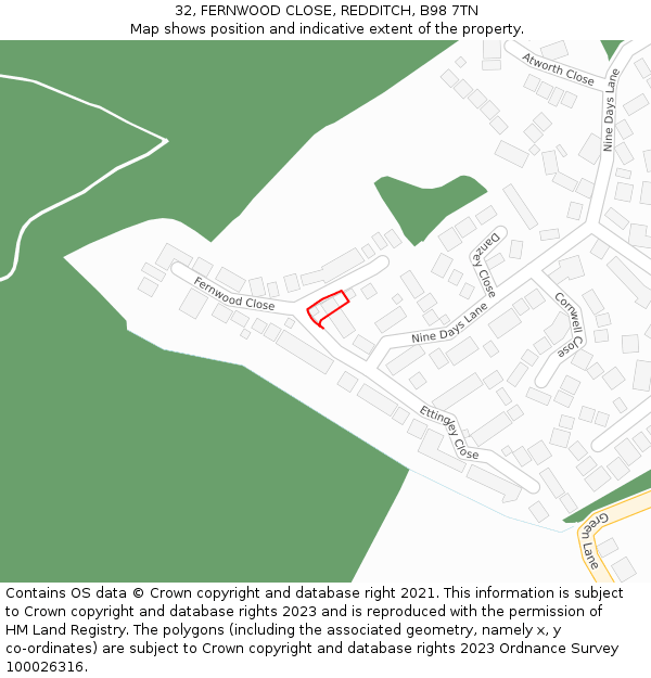 32, FERNWOOD CLOSE, REDDITCH, B98 7TN: Location map and indicative extent of plot