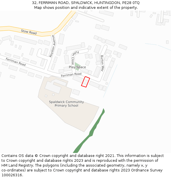 32, FERRIMAN ROAD, SPALDWICK, HUNTINGDON, PE28 0TQ: Location map and indicative extent of plot