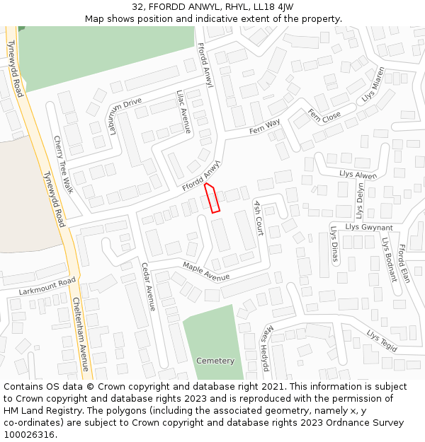 32, FFORDD ANWYL, RHYL, LL18 4JW: Location map and indicative extent of plot