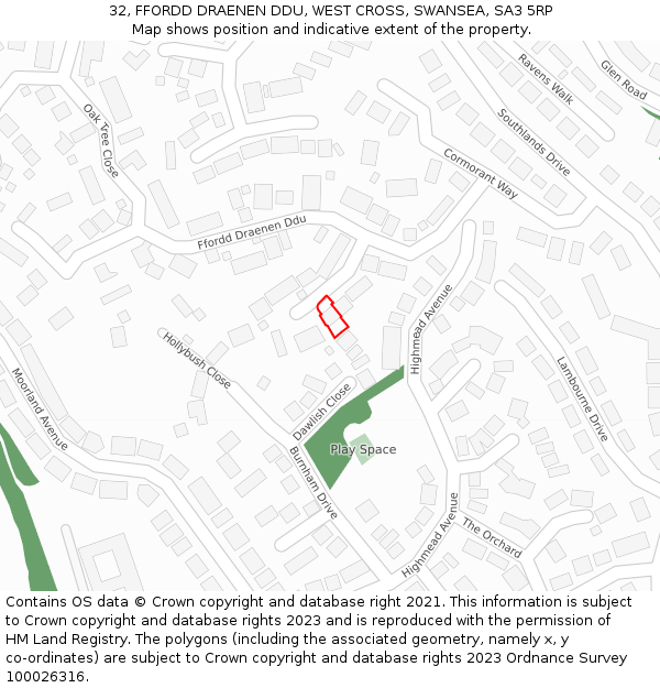 32, FFORDD DRAENEN DDU, WEST CROSS, SWANSEA, SA3 5RP: Location map and indicative extent of plot