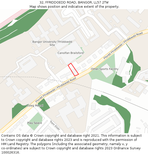 32, FFRIDDOEDD ROAD, BANGOR, LL57 2TW: Location map and indicative extent of plot