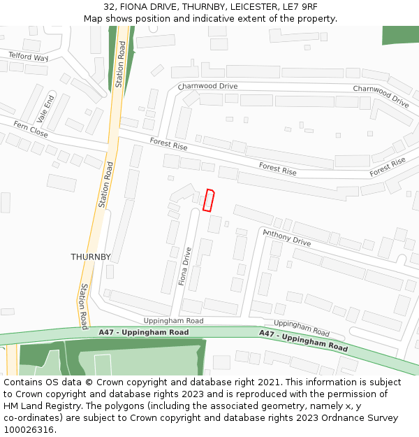 32, FIONA DRIVE, THURNBY, LEICESTER, LE7 9RF: Location map and indicative extent of plot