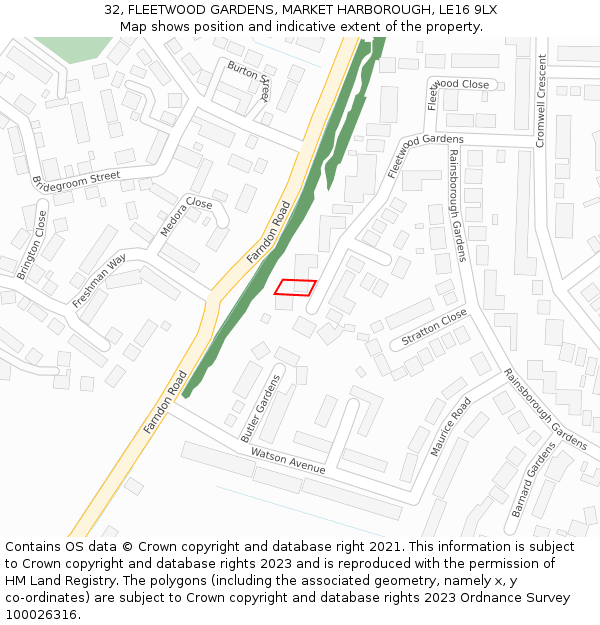 32, FLEETWOOD GARDENS, MARKET HARBOROUGH, LE16 9LX: Location map and indicative extent of plot