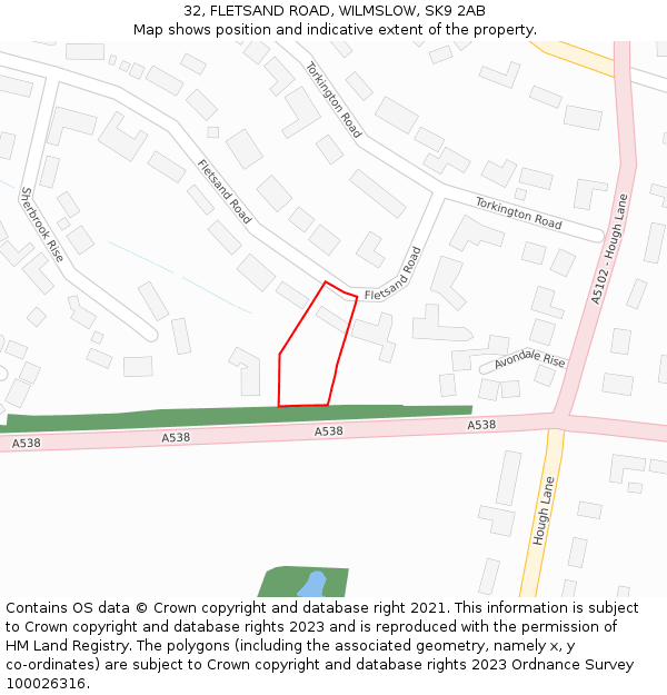 32, FLETSAND ROAD, WILMSLOW, SK9 2AB: Location map and indicative extent of plot