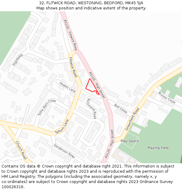 32, FLITWICK ROAD, WESTONING, BEDFORD, MK45 5JA: Location map and indicative extent of plot