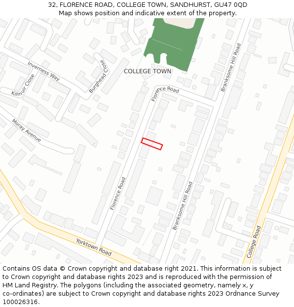 32, FLORENCE ROAD, COLLEGE TOWN, SANDHURST, GU47 0QD: Location map and indicative extent of plot