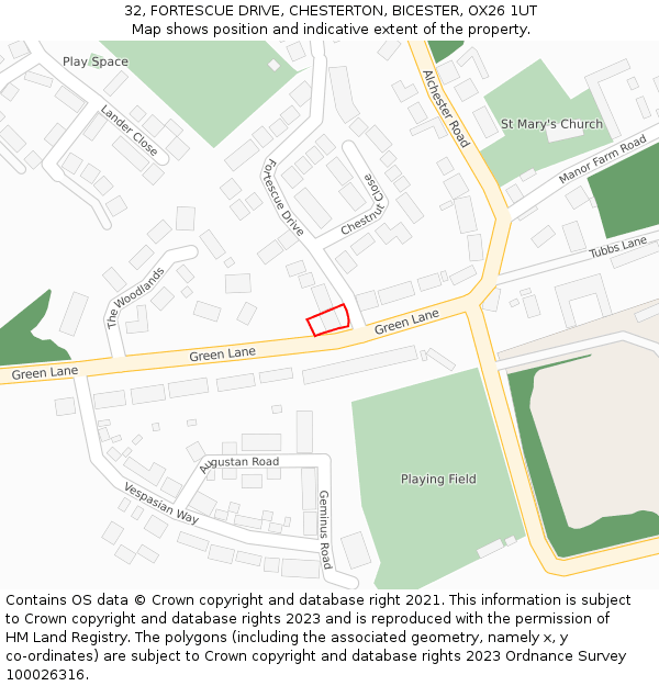 32, FORTESCUE DRIVE, CHESTERTON, BICESTER, OX26 1UT: Location map and indicative extent of plot