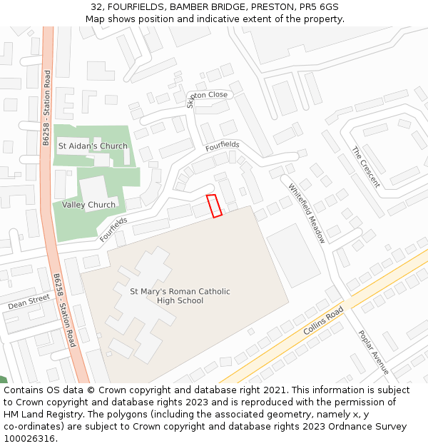 32, FOURFIELDS, BAMBER BRIDGE, PRESTON, PR5 6GS: Location map and indicative extent of plot