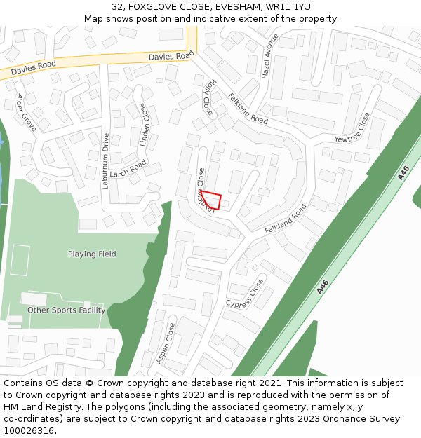 32, FOXGLOVE CLOSE, EVESHAM, WR11 1YU: Location map and indicative extent of plot