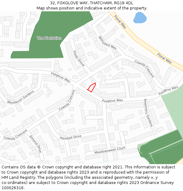 32, FOXGLOVE WAY, THATCHAM, RG18 4DL: Location map and indicative extent of plot