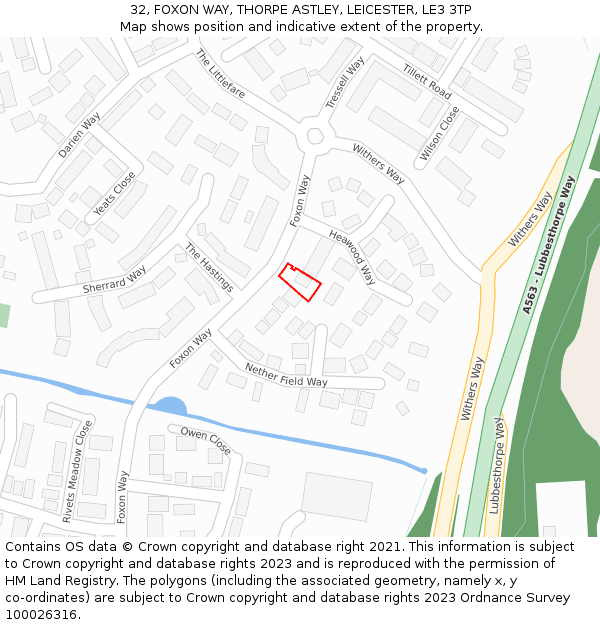 32, FOXON WAY, THORPE ASTLEY, LEICESTER, LE3 3TP: Location map and indicative extent of plot