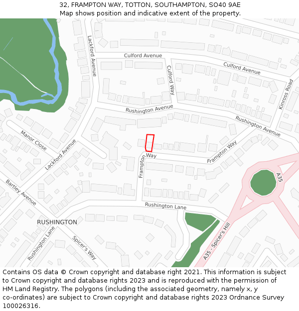 32, FRAMPTON WAY, TOTTON, SOUTHAMPTON, SO40 9AE: Location map and indicative extent of plot