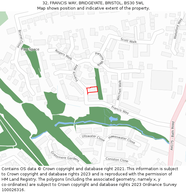 32, FRANCIS WAY, BRIDGEYATE, BRISTOL, BS30 5WL: Location map and indicative extent of plot