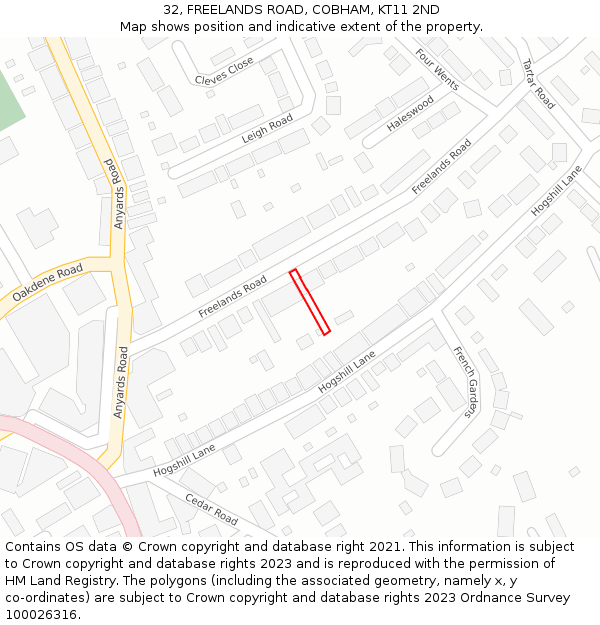 32, FREELANDS ROAD, COBHAM, KT11 2ND: Location map and indicative extent of plot