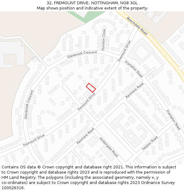 32, FREMOUNT DRIVE, NOTTINGHAM, NG8 3GL: Location map and indicative extent of plot