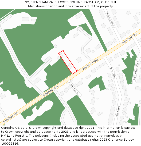 32, FRENSHAM VALE, LOWER BOURNE, FARNHAM, GU10 3HT: Location map and indicative extent of plot