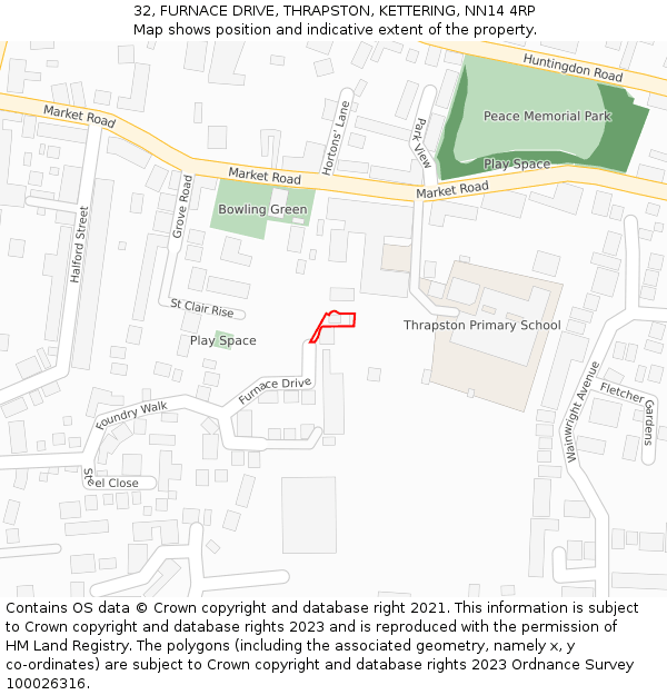 32, FURNACE DRIVE, THRAPSTON, KETTERING, NN14 4RP: Location map and indicative extent of plot