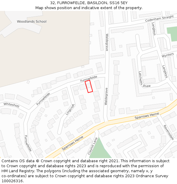 32, FURROWFELDE, BASILDON, SS16 5EY: Location map and indicative extent of plot