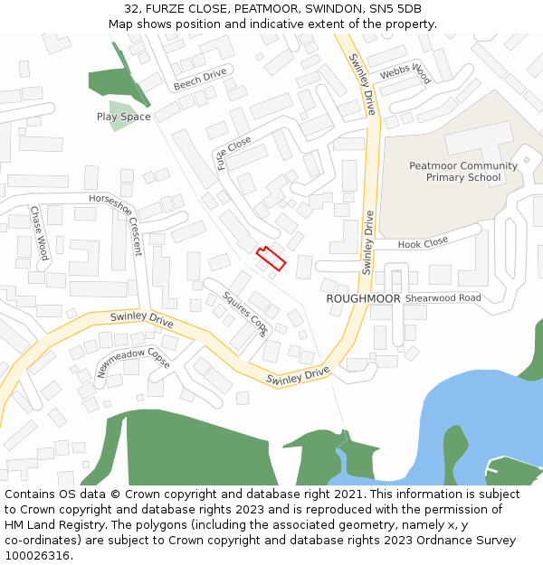 32, FURZE CLOSE, PEATMOOR, SWINDON, SN5 5DB: Location map and indicative extent of plot