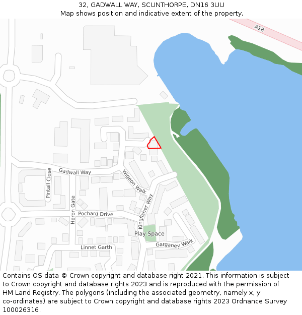32, GADWALL WAY, SCUNTHORPE, DN16 3UU: Location map and indicative extent of plot