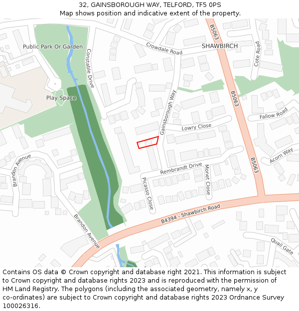 32, GAINSBOROUGH WAY, TELFORD, TF5 0PS: Location map and indicative extent of plot