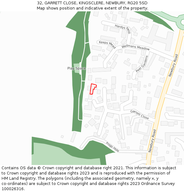 32, GARRETT CLOSE, KINGSCLERE, NEWBURY, RG20 5SD: Location map and indicative extent of plot