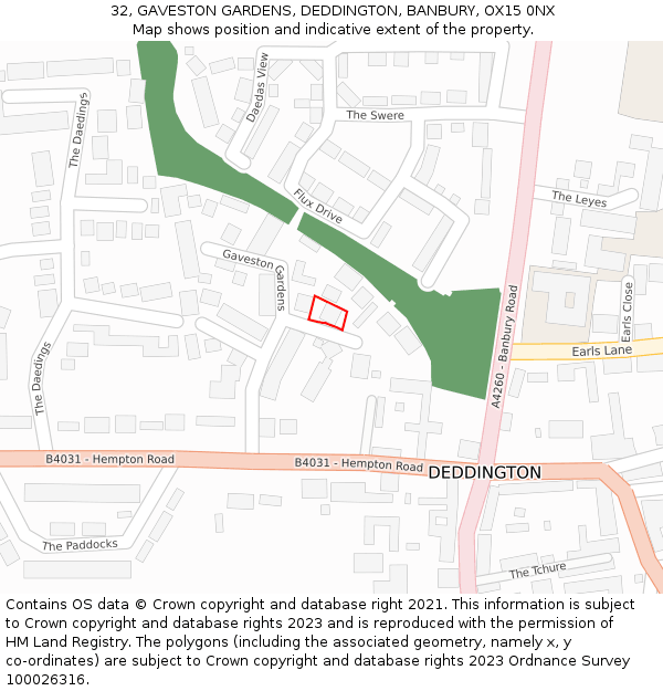 32, GAVESTON GARDENS, DEDDINGTON, BANBURY, OX15 0NX: Location map and indicative extent of plot