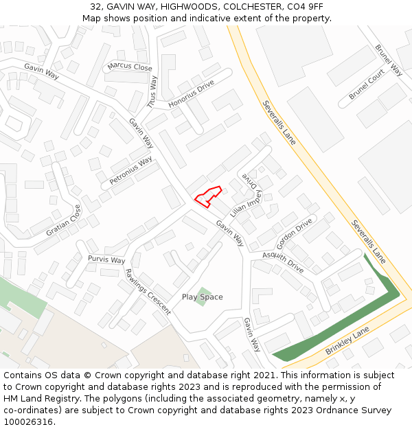 32, GAVIN WAY, HIGHWOODS, COLCHESTER, CO4 9FF: Location map and indicative extent of plot