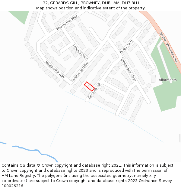 32, GERARDS GILL, BROWNEY, DURHAM, DH7 8LH: Location map and indicative extent of plot