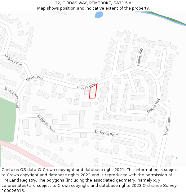 32, GIBBAS WAY, PEMBROKE, SA71 5JA: Location map and indicative extent of plot