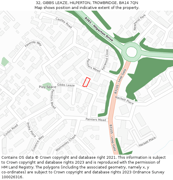32, GIBBS LEAZE, HILPERTON, TROWBRIDGE, BA14 7QN: Location map and indicative extent of plot