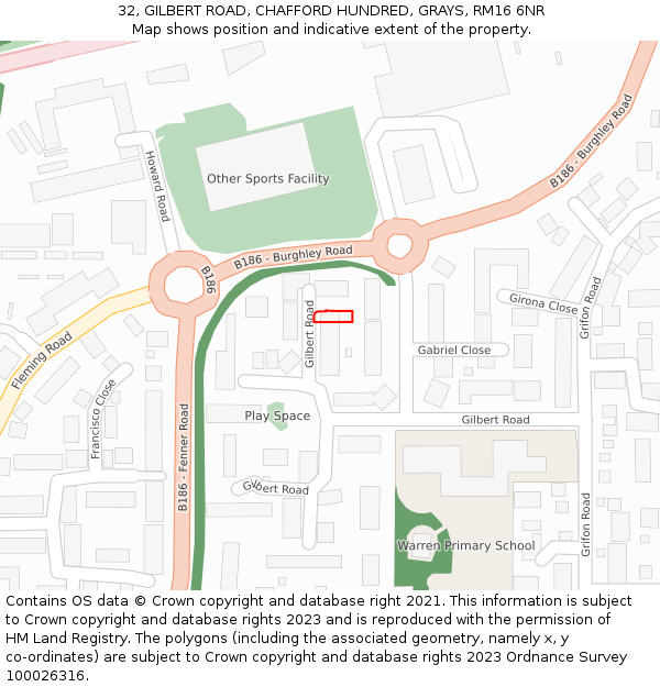 32, GILBERT ROAD, CHAFFORD HUNDRED, GRAYS, RM16 6NR: Location map and indicative extent of plot