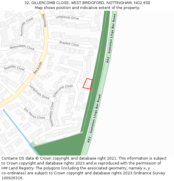 32, GILLERCOMB CLOSE, WEST BRIDGFORD, NOTTINGHAM, NG2 6SE: Location map and indicative extent of plot