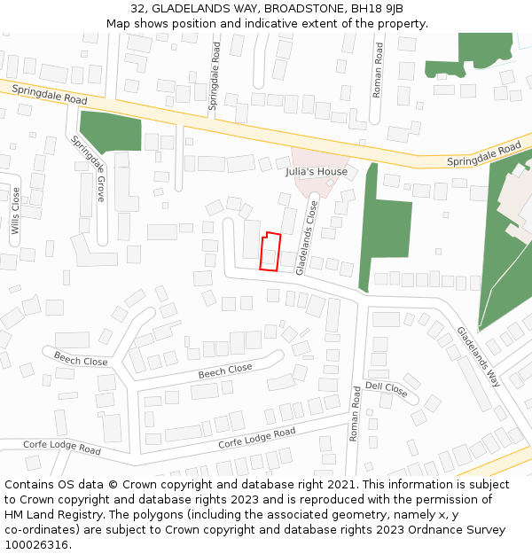 32, GLADELANDS WAY, BROADSTONE, BH18 9JB: Location map and indicative extent of plot