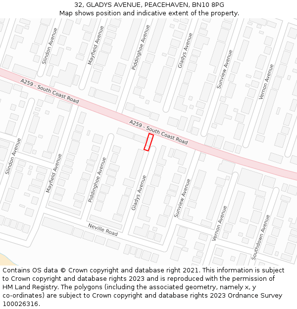 32, GLADYS AVENUE, PEACEHAVEN, BN10 8PG: Location map and indicative extent of plot